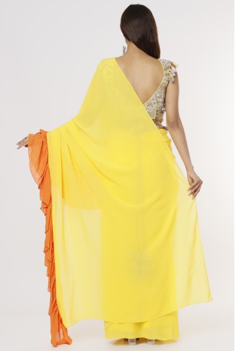 PS-SR0026-C  Yellow Georgette Embroidered Choli With Yellow And Orange Georgette Frill Saree