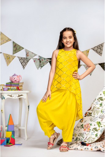 PS-KG0006 Yellow Mukaish Georgette High-Low Tunic with Crepe Low Crotch Pant