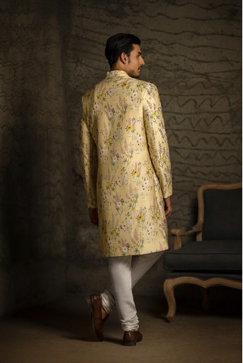 PS-MN081 Yellow Printed Dupion Silk Sherwani with Off White Cotton Silk Churidar