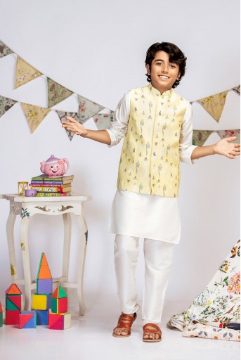 PS-KB0016 Yellow Printed Silkmul Bandi with Off white Cotton Silk Kurta and Off white Cotton Silk Churidar