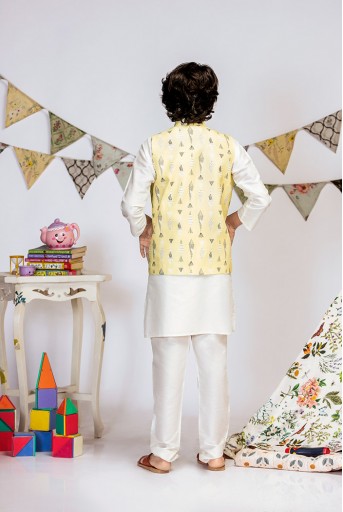 PS-KB0016 Yellow Printed Silkmul Bandi with Off white Cotton Silk Kurta and Off white Cotton Silk Churidar