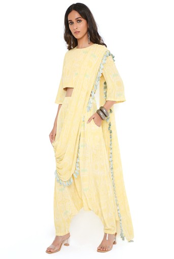 PS-ST1188-HHH  Yellow PS Print Crepe Choli And Low Crotch Pant With Attached Georgette Drape