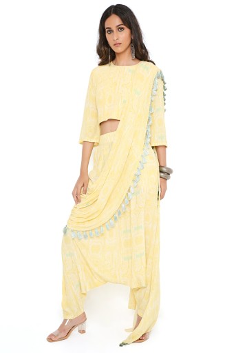 PS-ST1188-HHH  Yellow PS Print Crepe Choli And Low Crotch Pant With Attached Georgette Drape