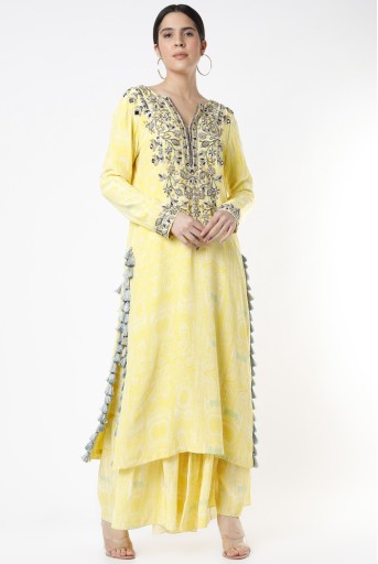 PS-KP0090-E  Yellow PS Print Crepe Embroidered Backless Kurta With One Frill Sharara