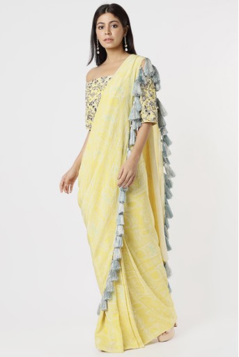 PS-SR0012-B  Yellow PS Print Crepe Embroidered Choli With A Prestitched Saree And Tassels