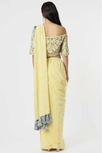 PS-SR0012-B  Yellow PS Print Crepe Embroidered Choli With A Prestitched Saree And Tassels
