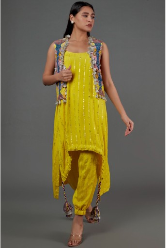 PS-JK0061-G  Yellow Sequins Georgette High Low Kurta And Jogger Pant With Yellow Enchanted Print Crepe Embroidered Jacket