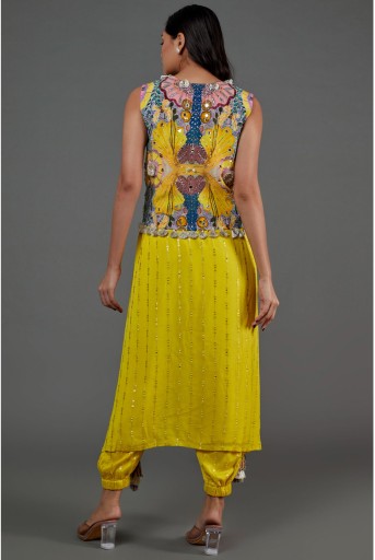 PS-JK0061-G  Yellow Sequins Georgette High Low Kurta And Jogger Pant With Yellow Enchanted Print Crepe Embroidered Jacket