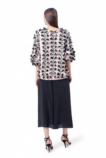 PS-FW769  Zaha Rose Pink Colour Georgette Embroidered Oversized Top with Black Colour Crepe Culottes Pant