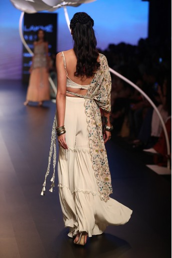 PS-FW540 Zamira Stone Crepe Bustier and Sharara Pant with Georgette One Side Jacket and Gold Lace Belt