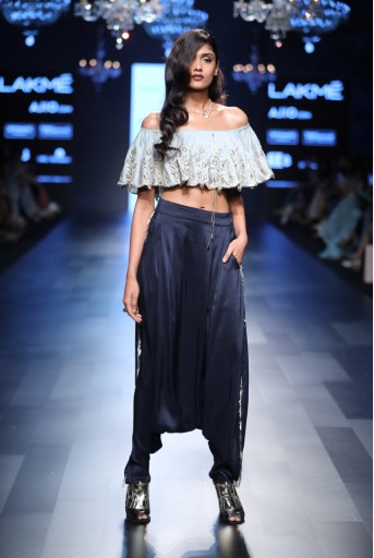 PS-FW425 Zena Powder Blue Silk Ruffle Off-Shoulder Top with Navy Silk Low Crotch Pant