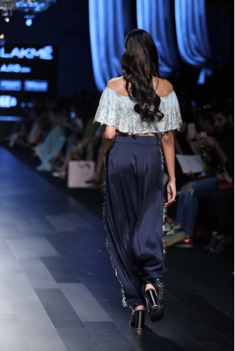 PS-FW425 Zena Powder Blue Silk Ruffle Off-Shoulder Top with Navy Silk Low Crotch Pant