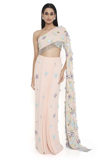 PS-SR0063  Zetta Blush Pink Embroidered Choli With Attached Pallu And Embroidered Pre-Stitched Skirt