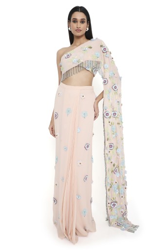PS-SR0063  Zetta Blush Pink Embroidered Choli With Attached Pallu And Embroidered Pre-Stitched Skirt