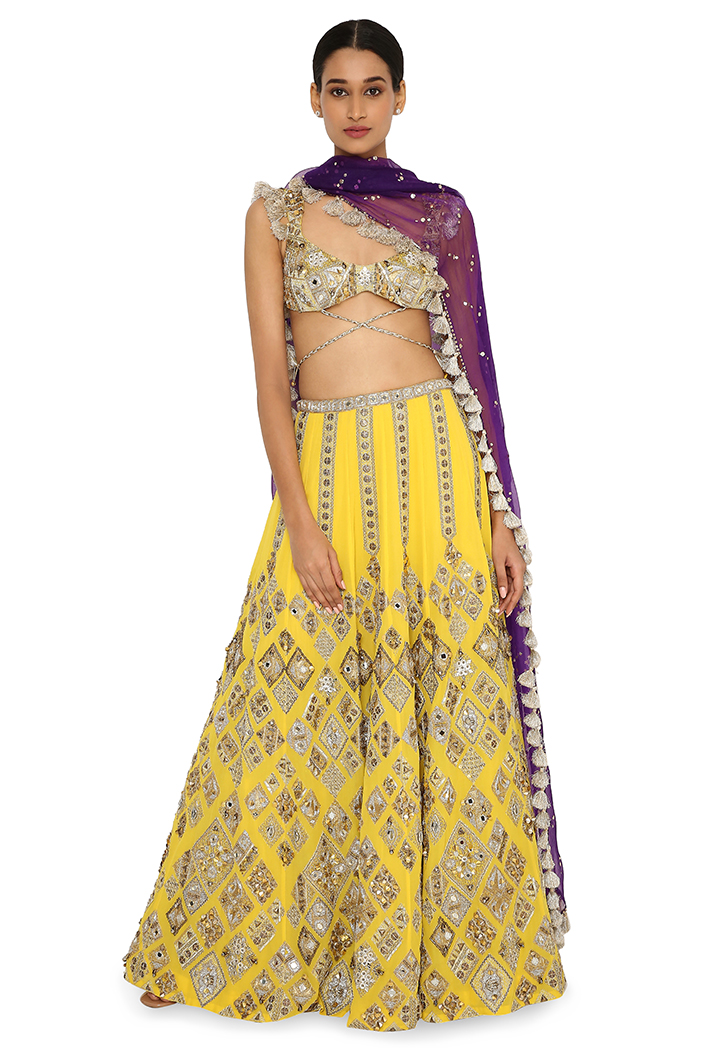 crop top & skirt style Lehengas Net & raw silk Fabrics- yellow & green  colour Archives - Aapnam