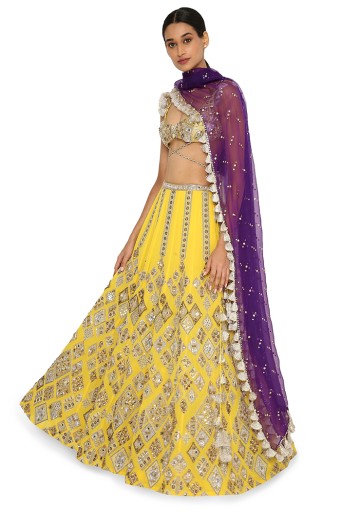 PS-LH0071-3  Zinnia Yellow Colour Georgette Embroidered Choli With Lehenga And Purple Organza Dupatta