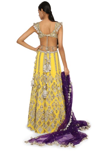 PS-LH0071-3  Zinnia Yellow Colour Georgette Embroidered Choli With Lehenga And Purple Organza Dupatta