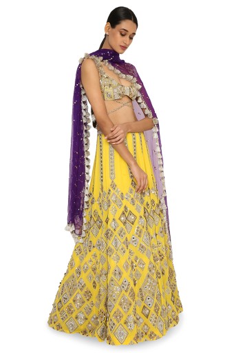 PS-LH0071  Zinnia Yellow Colour Georgette Embroidered Choli With Lehenga And Purple Organza Dupatta