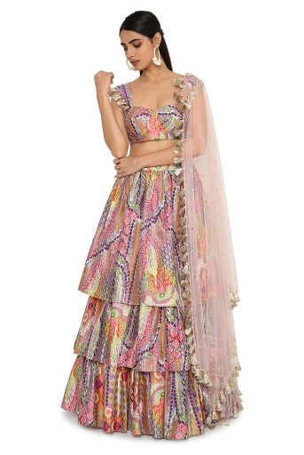 PS-TS0012  Zoha African Print Dupion Silk Bustier And Ruffled Skirt With Baby Pink Net Dupatta