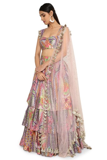 PS-TS0012  Zoha African Print Dupion Silk Bustier And Ruffled Skirt With Baby Pink Net Dupatta