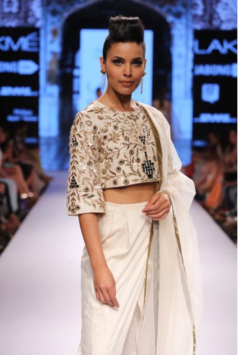 PS-FW311 Zubaida Ivory Dupion Silk Crop Top with Dhoti Pant and Tulle Dupatta